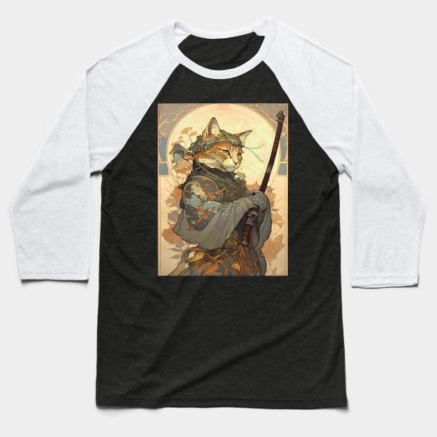 Art Nouveau Traditional Japanese Cat Samurai Knight Baseball T-Shirt by entwithanaxe